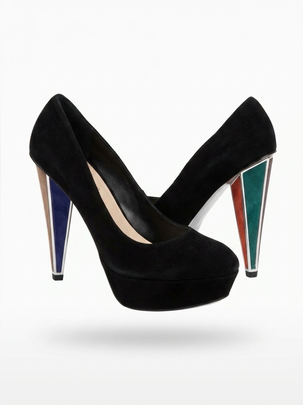 Bebe Black Suede Platform Pump with Triangular Color-Block Heel Size 8M